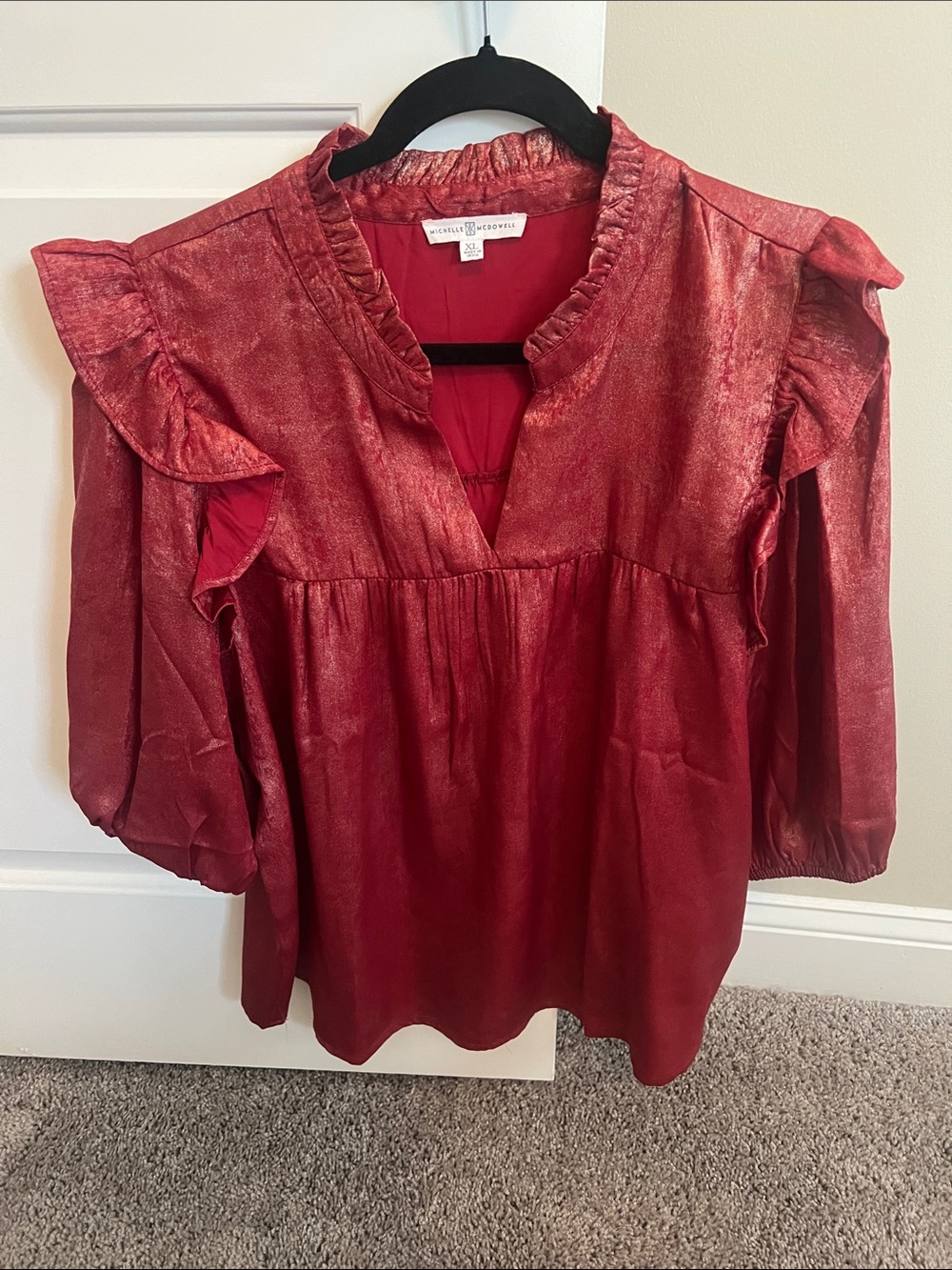 Michelle McDowell Ruffle Sleeve Blouse Women’s XL Red Shimmer Boho Top